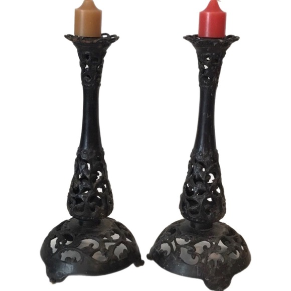 Japanese Forged Iron Candlesticks Candle Holders Gothic Japanese  5LBS Filigree - Picture 1 of 12